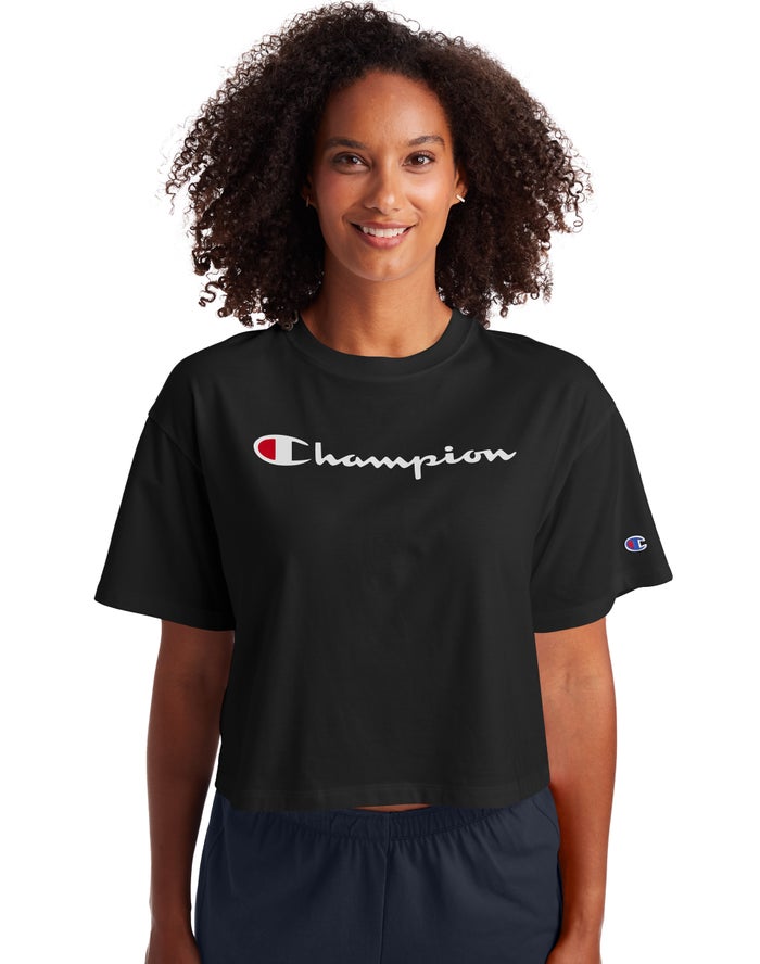 Champion Cropped Script Logo T-Shirt Dames - Zwart - Belgie 8905PTEYJ